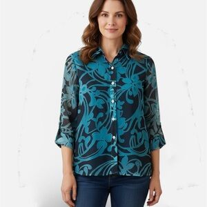 Alfred Dunner Sheer Floral Button Up Blouse